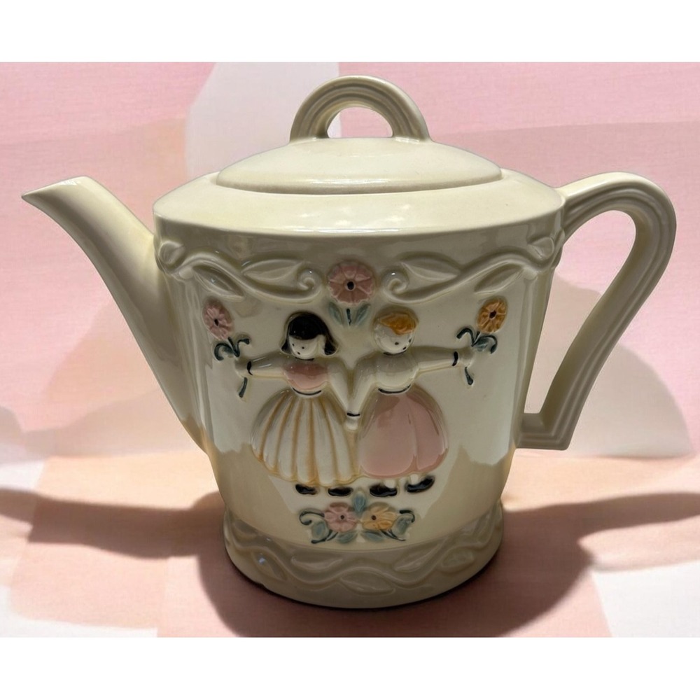 PORCELIER Coffee Teapot Cream Porcelain Pair of Girls Design 9" x 7" Vintage
